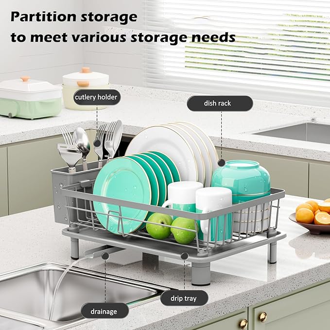 BULIJUJU Small Dish Drying Rack, Space Saving Dish Racks for Kitchen Counter, Kitchen Organizer Dish Drainer with Cutlery Holder for Spoons and Forks, 11''W x 15''L, Gray