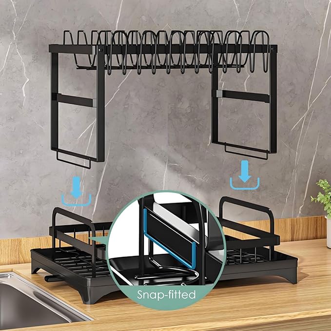 AIDERLY Dish Drying Rack for Kitchen Counter 2 Tier Iron Dish Drainer with Removable Cutlery Basket, Black