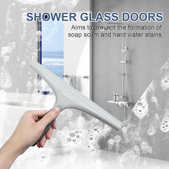 Anjinwiper Silicone Shower Squeegee for Glass Doors with Hook, Window Squeegee for Shower Doors, Kitchen, Mirrors and Tiles, Glass Squeegee Bathroom Shower(10 inch, Gray)
