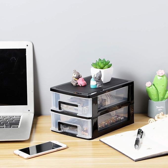 Wakauto 2-Tier Clear Desktop Organizer with Drawers -Stackable Storage Box for Makeup,Office Supplies & Crafts,Modern Black Frame and Transparent Design 8.4"X5.9" X 5.1"