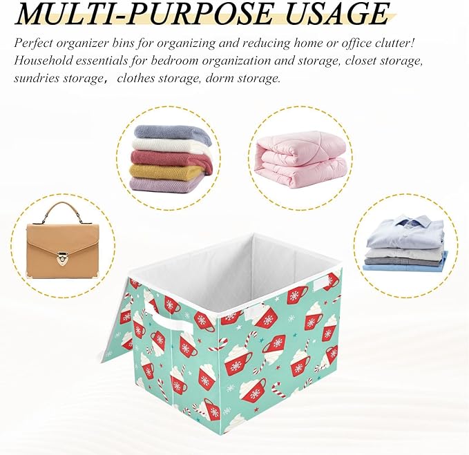 Red Mug Snowflake Whipped Cream Storage Bins with LidsChristmas Foldable Storage Basket with Handles Collapsible Large Fabric Organizer Containers for Clothes Shelves Closet Office Home