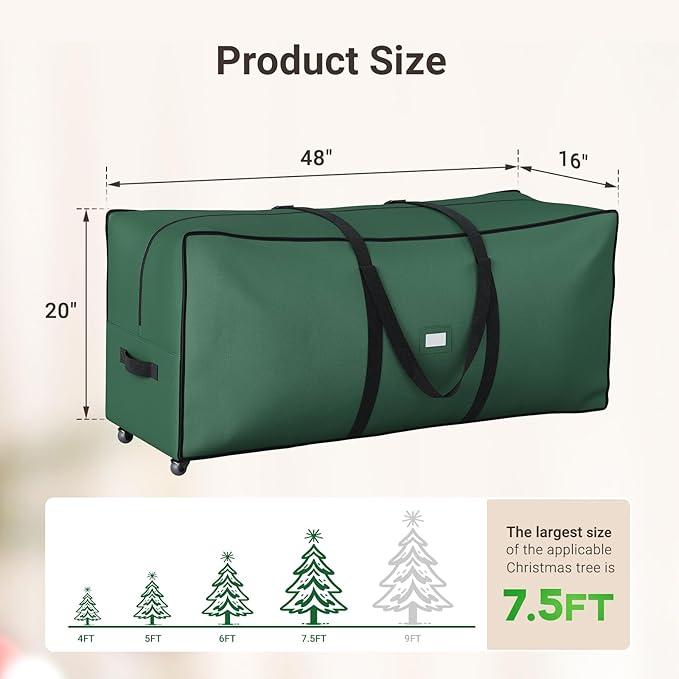 ELYKEN 7.5FT Christmas Tree Storage Bag with Wheels, Rolling Storage Bag for Artificial Christmas Tree and Decorations, Heavy Duty 600D Oxford Fabric, Length-Adjustable Handles, Dual Zippers, Green