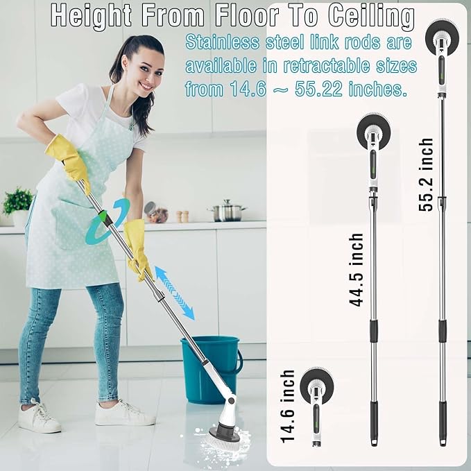 Electric Spin Scrubber, 8 in 1 Electric Cleaning Brush, Cordless Rechargeable Scrub Brush with 8 Replaceable Brush Heads, Adjustable Length and Angle Power Scrubber for Bathroom Tile Bathtub Glass