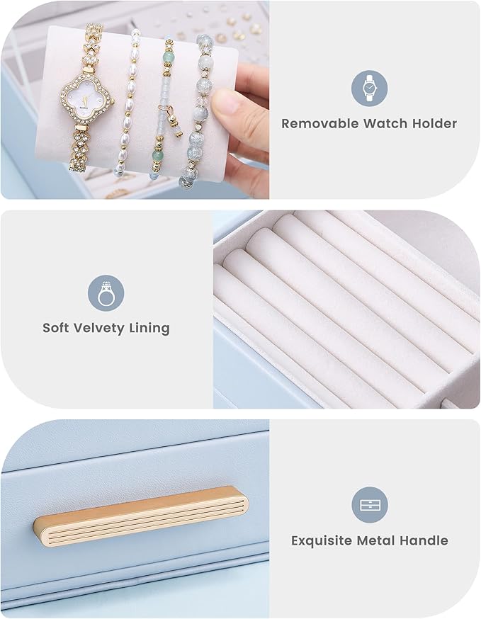 Lolalet 2-Layer Jewelry Boxes Organizer for Women Girls, Jewelry Storage Case Holder with Drawers for Necklaces Rings Earrings Bracelets Watches, Gifts Choice for Girlfriend Wife -Blue
