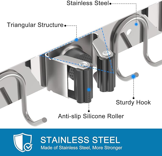 Mop Broom Holder Wall Mount, 2 Packs Silver Stainless Steel Tool Storage Organizer for Kitchen Garden Garage Laundry Room Bathroom and RV with 4 Slots 6 Hooks