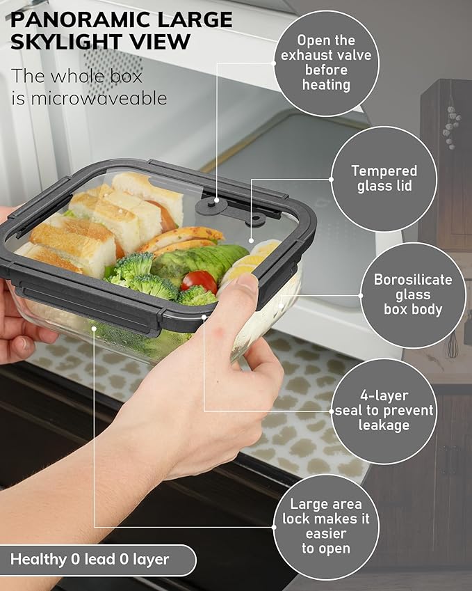BOROHOUSE 2-Pack Glass Food Storage Containers with Tempered Lids (630ml/2.7cup) - Airtight Snap Lock, Microwave & Oven Safe (-4℉~ 950°F), Freezer to Baking Dish, BPA-Free, Gift Box (Gray)