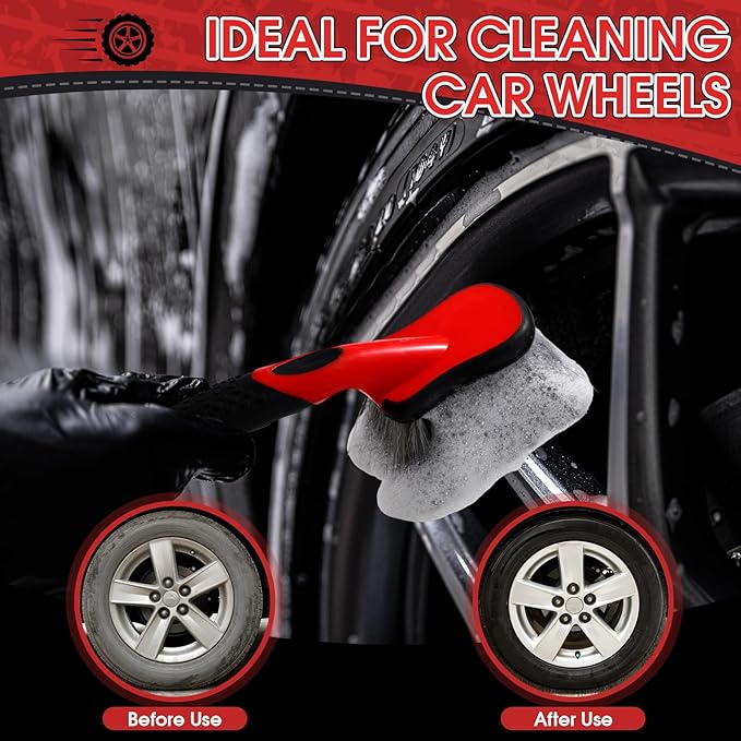 LemonRoad 2 Pack Car Wash Brushes Wheel Cleaner and Tire Brush for Car Detailing Bristle Fender Cleaning Supplies 10.3 inch Short Handle for Rim Carpet Truck SUV Moto RV Motorcycle