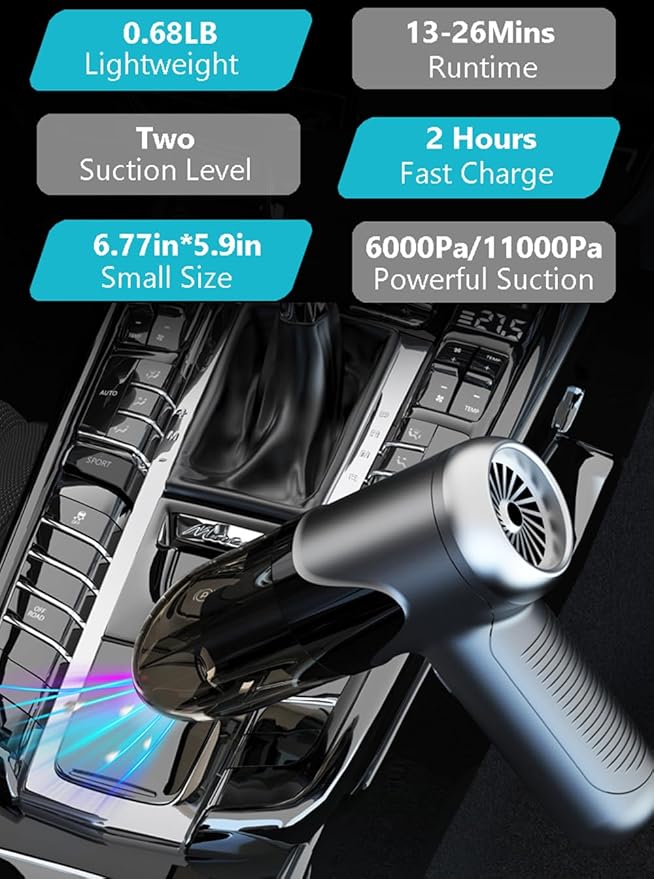 TEZILON Handheld Car Vacuum Cordless Small Portable High Power Mini Vacuum Cleaner, HEPA Filter Rechargeable 3 in 1 Dust Buster/Air Blower/Inflator, 7 Tools for Pet Hair/Keyboard/Snow Debris/Sofa/Car
