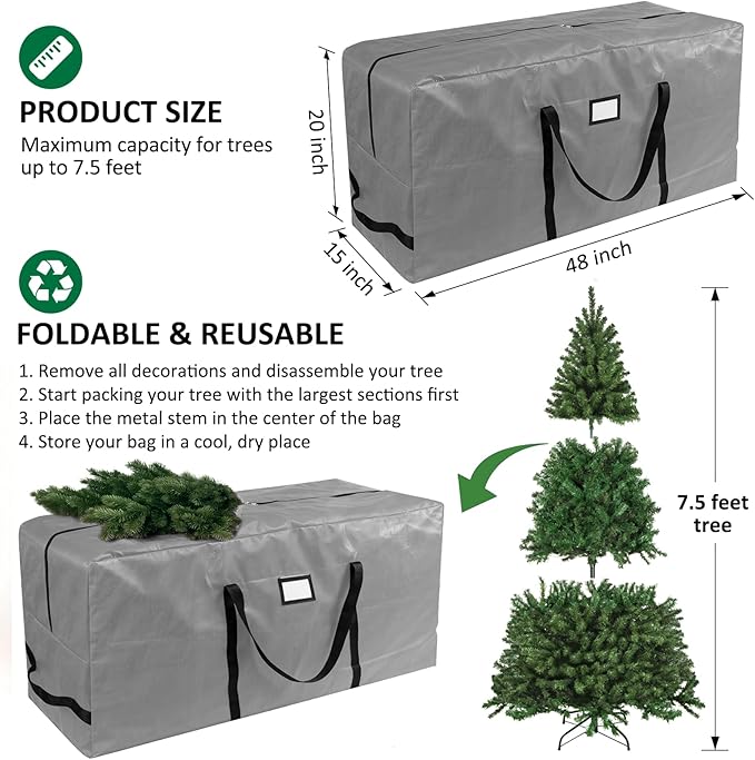 HABGP 7.5 ft Christmas Tree Storage Bag, Fits Artificial Xmas Holiday Tree, Durable Christmas Tree Storage Box Waterproof Material with Zippered Bag & Carry Handles, Protects from Dust, Moisture-Gray
