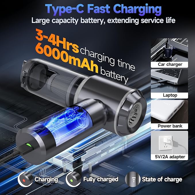 Ytnewin Car Vacuum Portable Cordless, Small Handheld Vacuum Cleaner with 24000PA High Power Suction, Mini Vacuum Cordless Rechargeable with One-Touch Empty, 10-in-1 Hand Vac for Car Home Office Dust