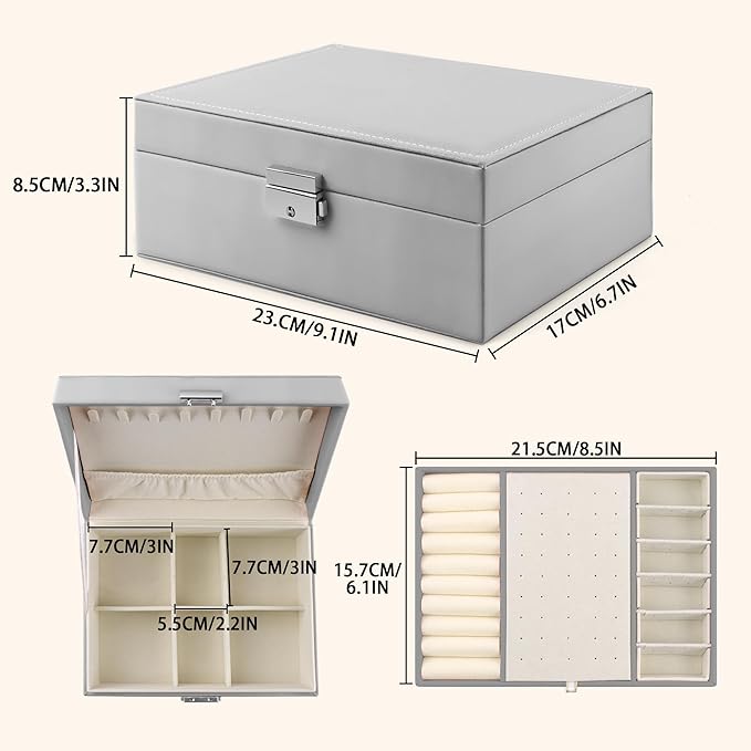Homeanda Jewelry box 2 layer Jewelry box Leather Jewelry boxes for Women Girls Teens Jewelry organizer box Jewelry Storage box with lock(Grey)