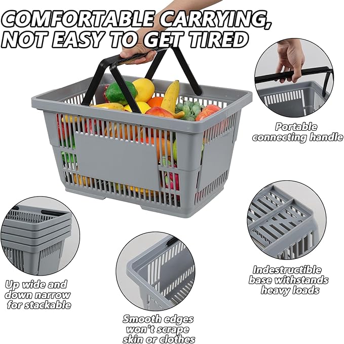 Set of 6 Plastic Shopping Basket with Handles, 28 L Plastic Grocery Baskets, Gray