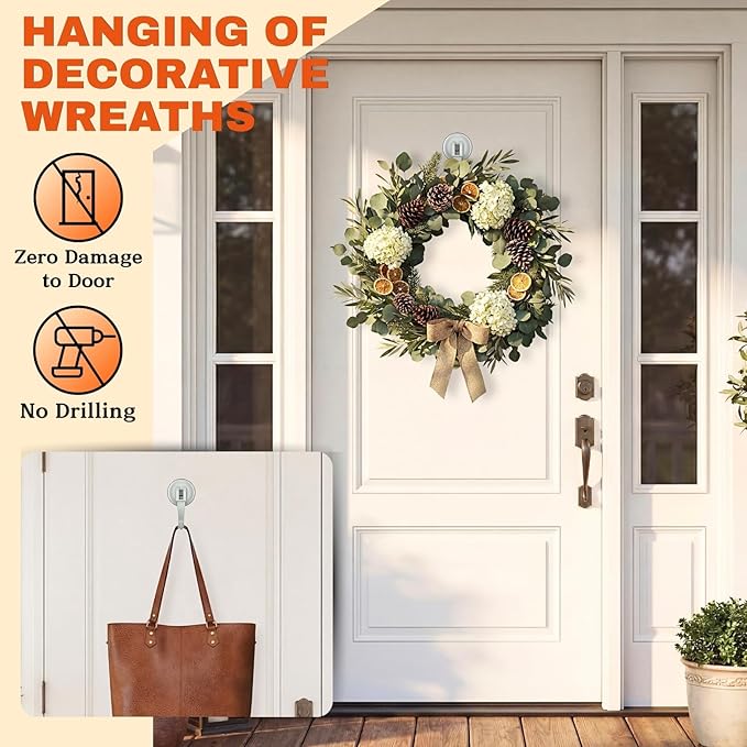 Suction Cup Hooks for Door Wreaths, 2 Pcs Removable & Reusable Christmas Wreath Hangers for Front Doors, No Drill Heavy Duty Vacuum Shower Hooks for Windows, Bathroom Towels, Kitchen, RV(Gray)
