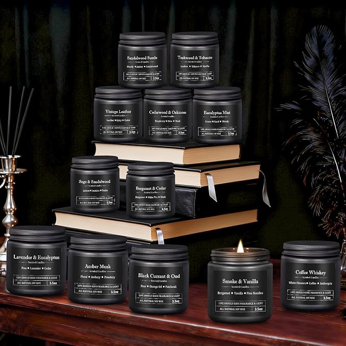 12 Pack Scented Candles for Men, Masculine Candle Gift Set with Smoky, Woody & Spiced Scents, Soy Wax Aromatherapy Candles for Home, Gifts for Him, Boyfriend