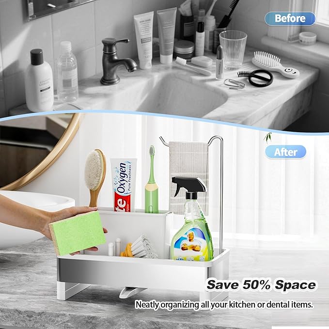 Ewaiira Stainless Steel Sink Caddy, Sponge Holder for Kitchen Sink with Brush Holder & Dishcloth Rack, Rustproof Sink Organizer Countertop, Kitchen Organizers Storage Essentials (D-Black)