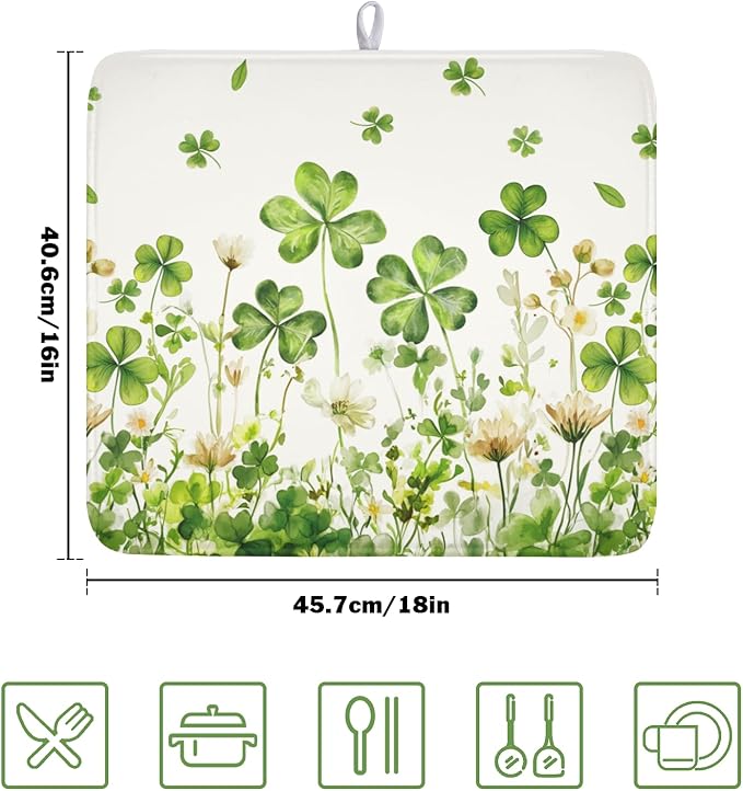 ABSOP St Patrick's Day Dish Drying Mat 16 x 18 Inch Green Clover Dish Drainer Rack Mat Absorbent Microfiber Mats for Shamrock Dish Pad Spring Lucky Dish Pad for Kitchen Bar Decor