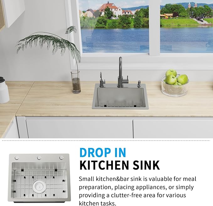 Kitchen & Bar Sink,19.7x15.7Inch Stainless Steel Drop In Small Kitchen&Bar Sink Ideal Choice For Small Space With Bottom Grid,Drain Basket And Drain Assembly Serve Both Kitchen&Bar