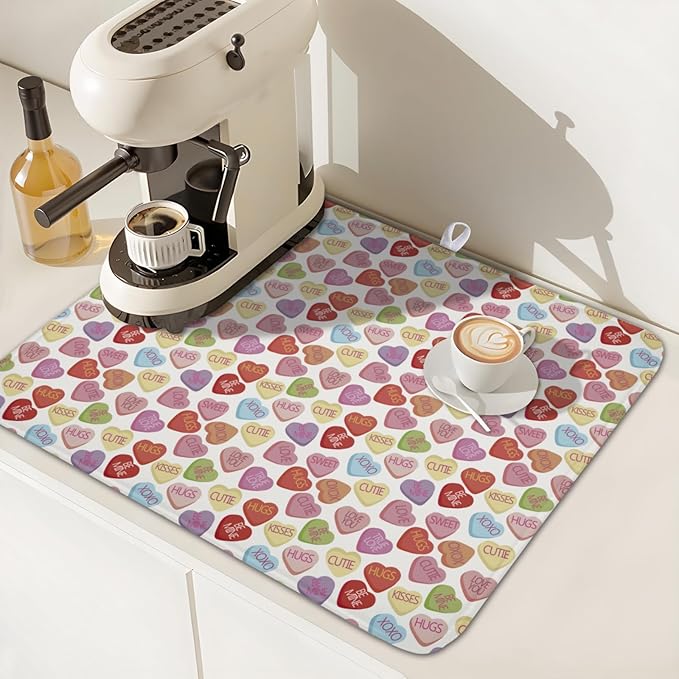Valentine’s Day Dish Drying Mat for Kitchen Counter 18x16 Inch Colorful Love Drying Mat with Absorbent Reversible Microfiber Holiday Dish Drainer Mats Rack Pad for Coffee Countertop Protector