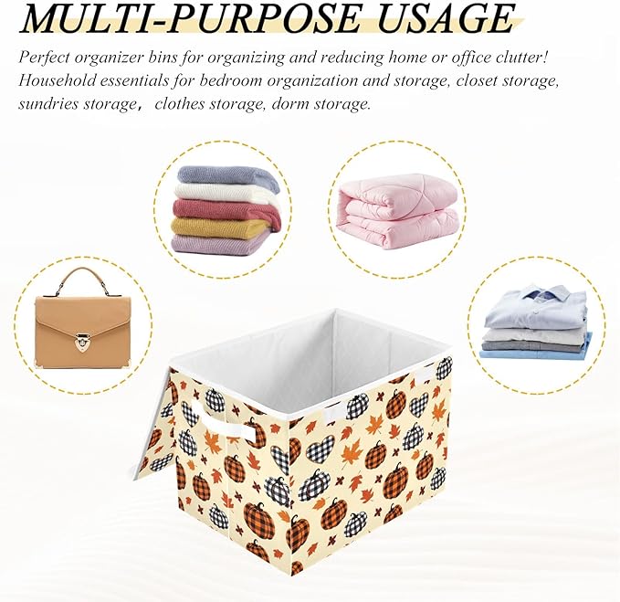 Bolaz Storage Bins with Lids and Handles,Pumpkin Maple Leaf Pattern Storage Box Basket with Cover Collapsible Organizer Containers for Home Closet, Shelves