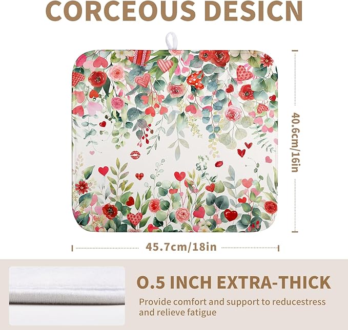 Wnoesat Valentine Dish Drying Mat for Kitchen Counter 16x18 Inch Valentines Love Heart Rose Eucalyptus Leaf Dishes Drying Pad Microfiber Absorbent Dish Draining Washable Dish Drainer Mat