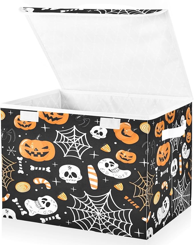 Bolaz Storage Bins with Lids and Handles,Halloween Seamless Pumpkins Spider Web Storage Box Basket with Cover Collapsible Organizer Containers for Home Closet, Shelves