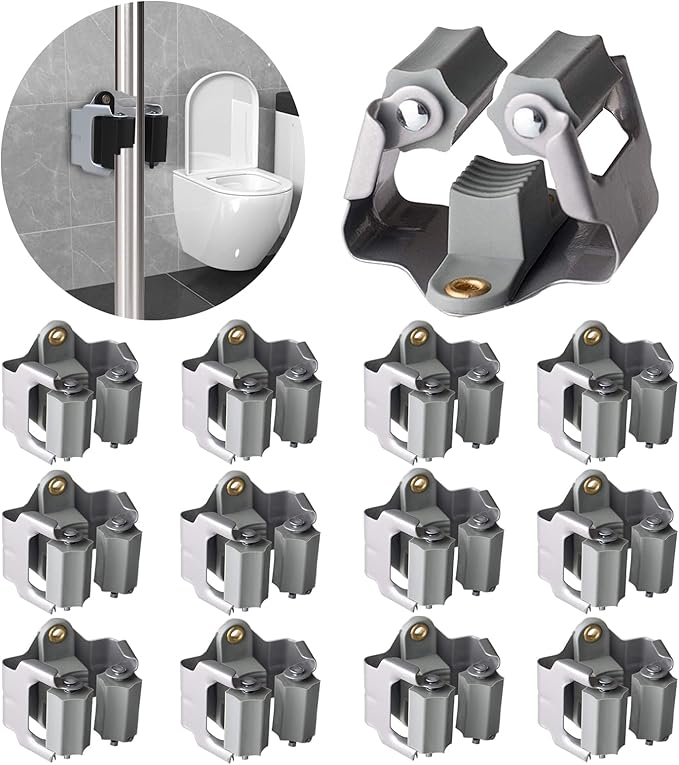 3-H 12 Pack Mop and Broom Holder Big Size Hanging 1 KG Extra,Broom Hanger Wall Mount for Hanging and Organizing Shove Rake Yard Tools in Shed Kitchen Laundry Room Bathroom Garden(Grey)