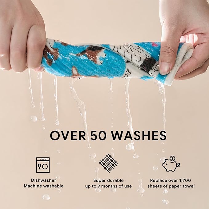 RECYCO Swedish Dishcloths for Kitchen | 4 Pack Oversized Washable Dish Rags | Large Cellulose Reusable Cleaning Paper Towels | Absorbent Counter Dish Cloth Sponge XL Kitchen Wipes, 12" L x 10" W