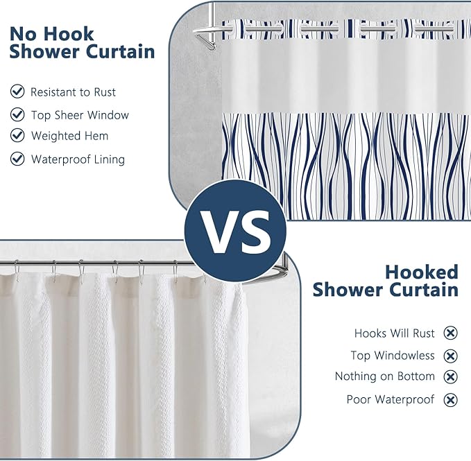 Abstract Blue Striped Shower Curtains for Bathroom, Waterproof Double Layers Fabric Printed No Hook Shower Curtain and Liner Set, Modern Geometric Hotel Luxury Decor Bathroom Curtain, 71x74 Inch