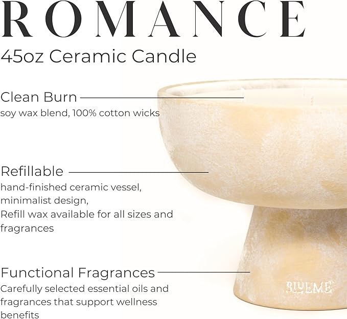 Blueme Romance Candle | Oakmoss & Sandalwood | 6 Wick - Refillable Wellness Candle with Essential Oils, Hand Finished & Poured Soy Wax Blend Ceramic Vessel, Natural Cotton Wicks | Giant 45 oz