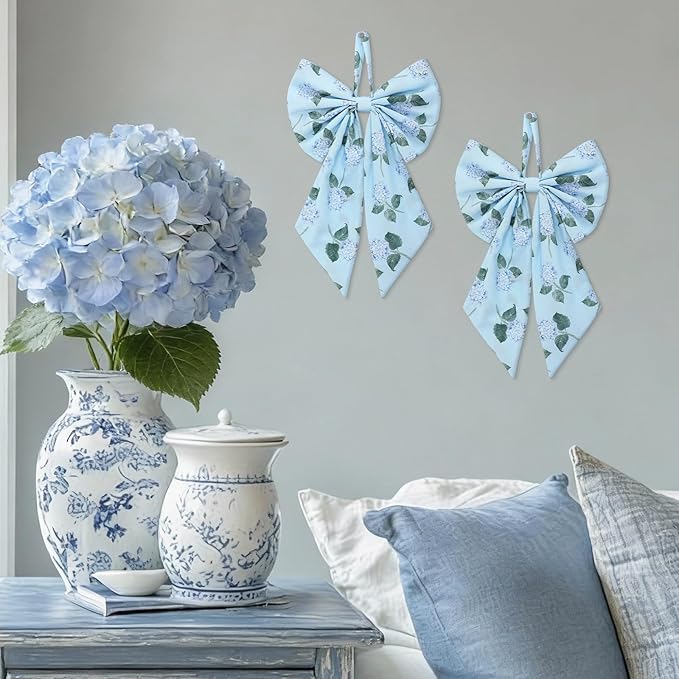 2 Pcs Spring Hydrangeas Wreath Bows 19.6'' x 11.8'' Large Tree Topper Blue Ornament Rustic Burlap Wreath Sash for Front Door Spring Party Yard Doorway Indoor Outdoor Wall Decor