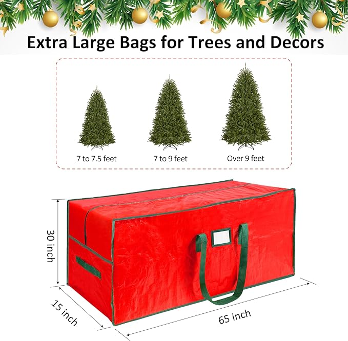 HABGP 9 ft Large Christmas Tree Storage, Stores 9 Foot Artificial Xmas Trees, Sturdy Plastic Waterproof Christmas Holiday Tree Bag For Storage Box with Strong Handles & Zipper, Red