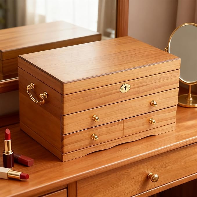 3-Layer Jewelry Organizer with 2 Drawers Wooden Jewelry Box Organizer Display Storage Case with Hook and Lock for Women Necklace Ring Storage