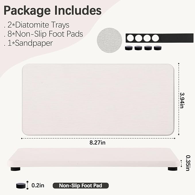 NiuYichee 2 Pcs Water Absorbing Stone Trays, Kitchen/Bathroom Sink Soap Dish, Diatomite Tray Used for Hand Soap & Cosmetic Bottles in The Modern Home, 4" W x 8.3" L, White