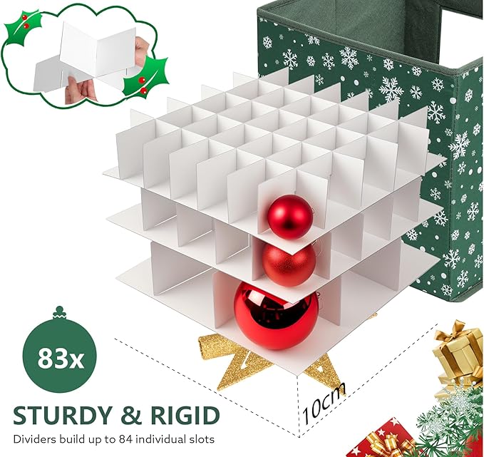 Christmas Ornament Storage Box, Green Snowflakes Christmas Ornament Boxes Storage, Fits 83 Christmas baubles 3cm-8cm, suitable for Holiday Ornaments - 600D Oxford Christmas Ornament Organizer