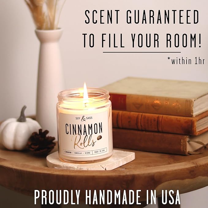 Cinnamon Candle, Fall Candles, Christmas Candles - 'Cinnamon Rolls' Autumn Scented Soy Candle for Home, 9oz Reusable Jar, 50Hr Burn, Made in USA
