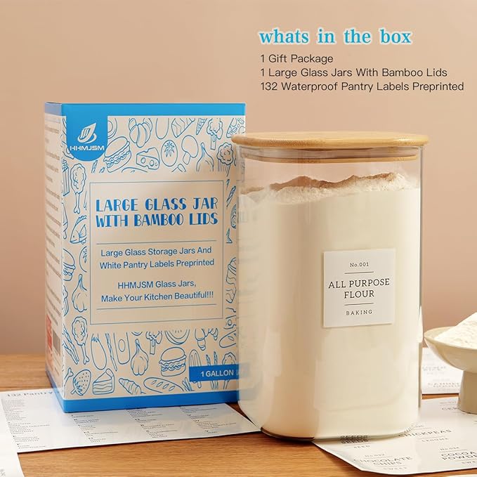 HHMJSM Large glass flour and sugar containers with 132 Kitchen Pantry Labels - 1 Gallon Glass Food Storage Containers with Airtight Lids - Square Glass Jars Rice with Bamboo Lids