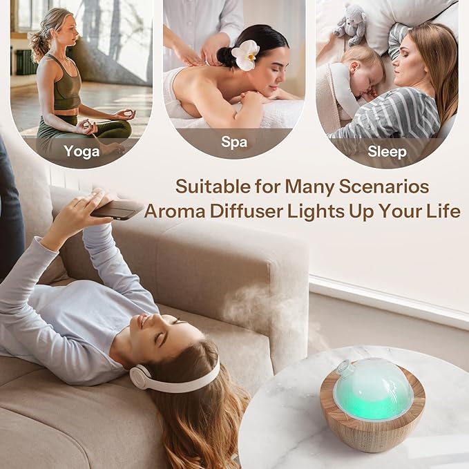 Wanlola 280ml Glass Essential Oil Diffuser with Natural Wood Base, The 2025 Upgrade Aromatherapy Diffusers for Home, Cool Mist Air Aroma Diffuse Humidifier with 7 Color Lights for Office, Bedroom