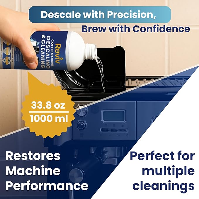 REVIV Descaling Solution for Coffee Machines (8 Uses) – 33.8 fl oz, Compatible with Espresso Machines, Keurig Coffee Machine, Nespresso, Delonghi, Breville – Removes Limescale & Enhances Flavor