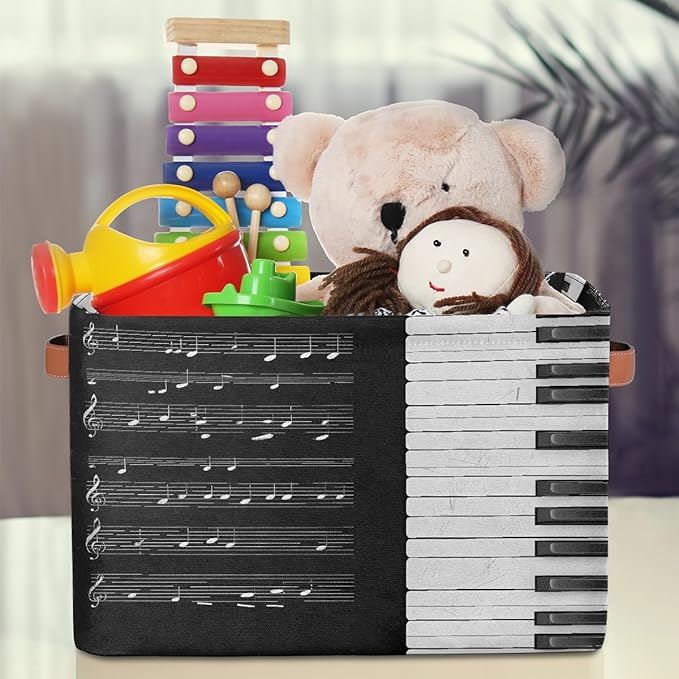 Music Notes Storage Basket for Shelves, Storage Bins with Handles, Collapsible Basket for Organizing, Closet Toy Baskets for Nursery Room, 15x11x9.5 in, Canvas, Music Pinao