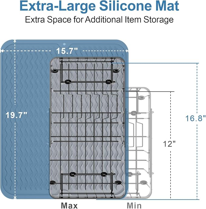 iSPECLE Small Sink Dish Drying Rack with Silicone Mat, Expandable Compact Rust Resistant Dish Drainer for RV Apartment Kitchen, Dish Rack with Tightening Knob, 9" W x 12"-16.8" L, Black