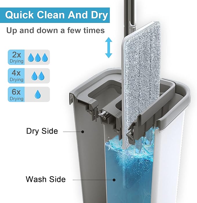 BOSHENG Mop and Bucket with Wringer Set, Hands Free Flat Floor Mop and Bucket, 3 Washable Microfiber Pads Included, Wet and Dry Use, Home Floor Cleaning System for All Floor Types and Windows