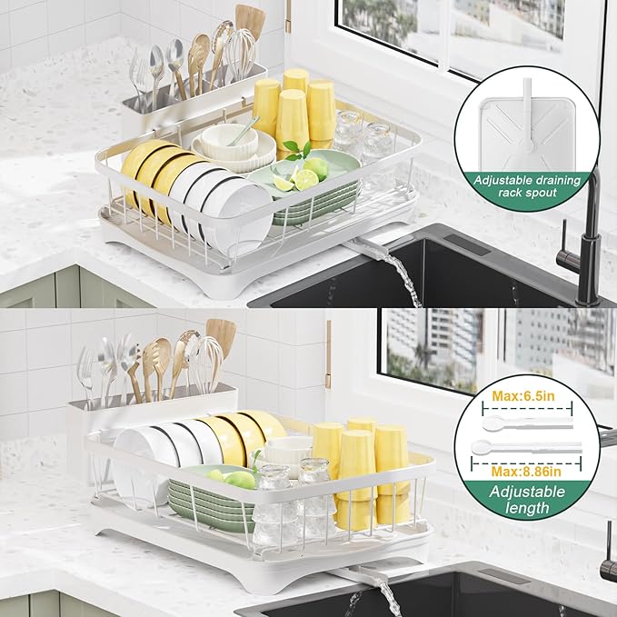 LIYI Dish Drying Rack,Adjustable Spout Design, Kitchen Dish Racks,Made of Iron Material,with Removable Draining Board,Suitable for Kitchen and Caravan Use Scenarios,White