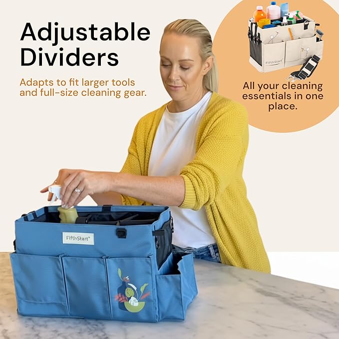 FifthStart Multiuse Cleaning Caddy with Waist & Shoulder Strap - Diaper Caddy & Beach Bag - 9 Pockets & Mesh Base - Adjustable Compartments (Beige, Small) - Cleaning Supplies Organizer