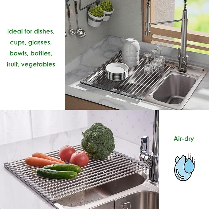 Tomorotec Roll Up Dish Drying Rack Over The Sink Grey Large Dish Drying Rack Rolling Foldable Collapsible SUS304 Stainless Steel Multipurpose Dish Drainer for Kitchen Counter (21”x11.8”)