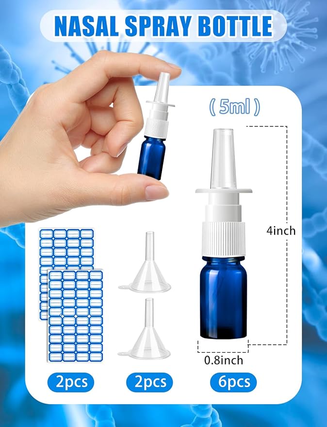 ZHWKMYP 10 Pcs Nasal Spray Bottle, 5ML/0.17OZ 6 Pcs Blue Fine Mist Glass Empty Refillable Nasal Spray Bottle with 2 Funnels and 2 Labels