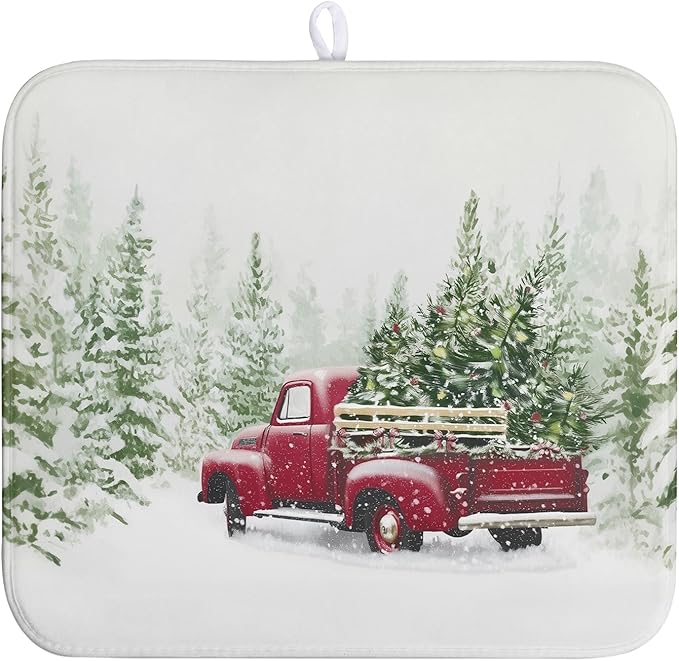 Wnoesat Christmas Dish Drying Mat Red Truck Xmas Tree Drying Mats for Kitchen Counter Winter Holiday Dishes Drainer Mats Absorbent Microfiber Dish Draining Pad Extra 16x18 Inch