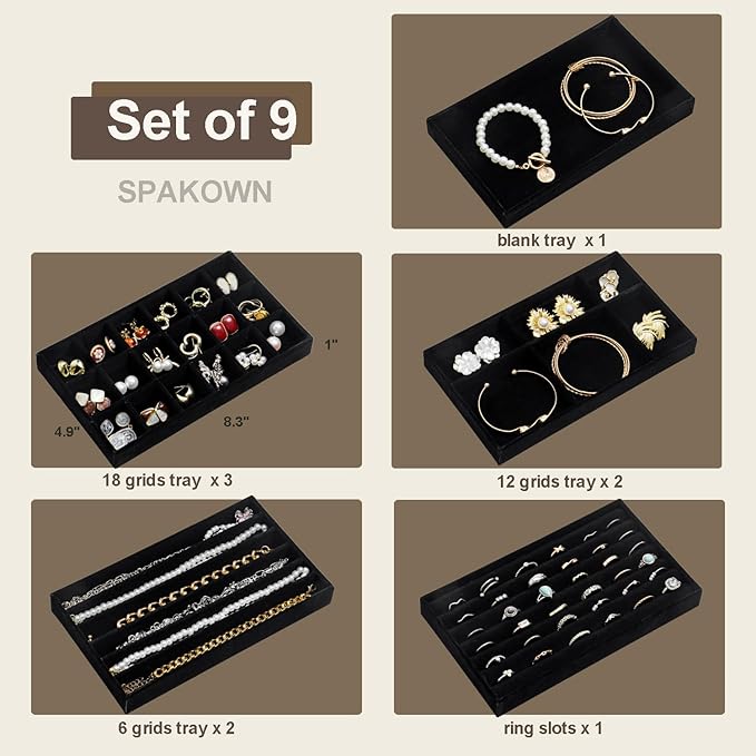 SPAKOWN Jewelry Drawer Organizer Inserts Set of 9, Jewelry Trays for Drawers Velvet Jewelry Organizer Tray Drawer Jewelry Organizers and Storage for Earring Ring Necklace Watch Bracelet (Black)