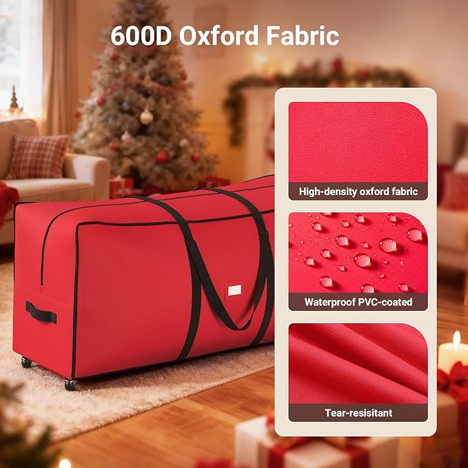 ELYKEN Christmas Tree Storage Bag with Wheels, Rolling Storage Bag for Artificial Christmas Tree and Decorations, Heavy Duty 600D Oxford Fabric, Length-Adjustable Handles, 16x20x64in, Red