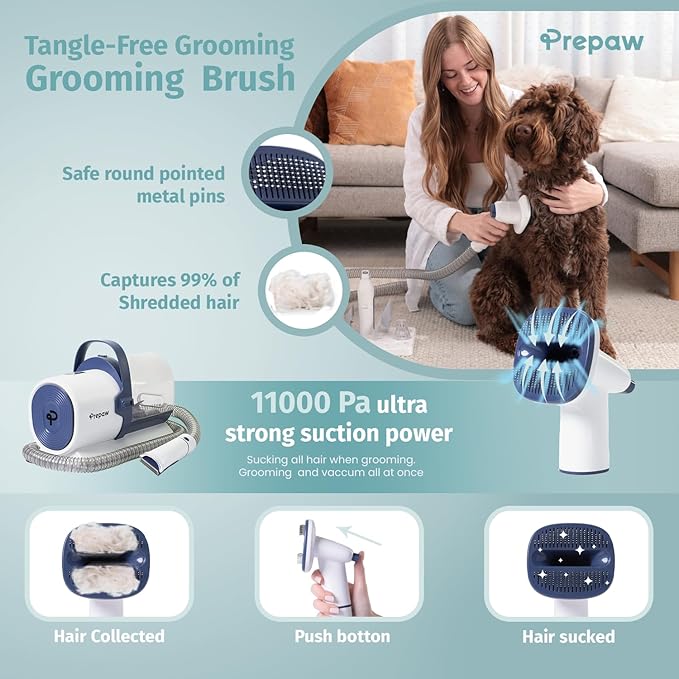 Prepaw Premium Pet Grooming Kit with Vacuum, 11000Pa Suction Power, 2.5L Dust Cup, 7 Grooming Tools, Cordless Paw Trimmer, Nail Grinder, Large Capacity Dust Cup, Whisper Operation, USA Design
