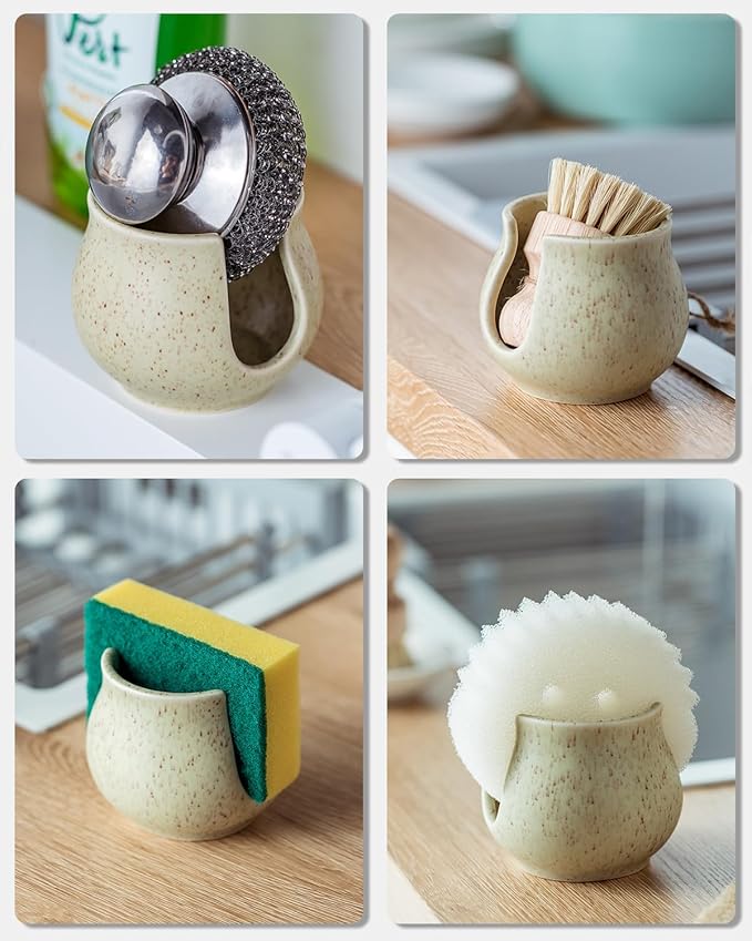 Zoeeker Ceramic Dish Sponge Holder, Sponge Caddy for Kitchen Sink Brush Organizer Scrub Dish Rack for Scrubbers, Bathroom, Sink, Yellow